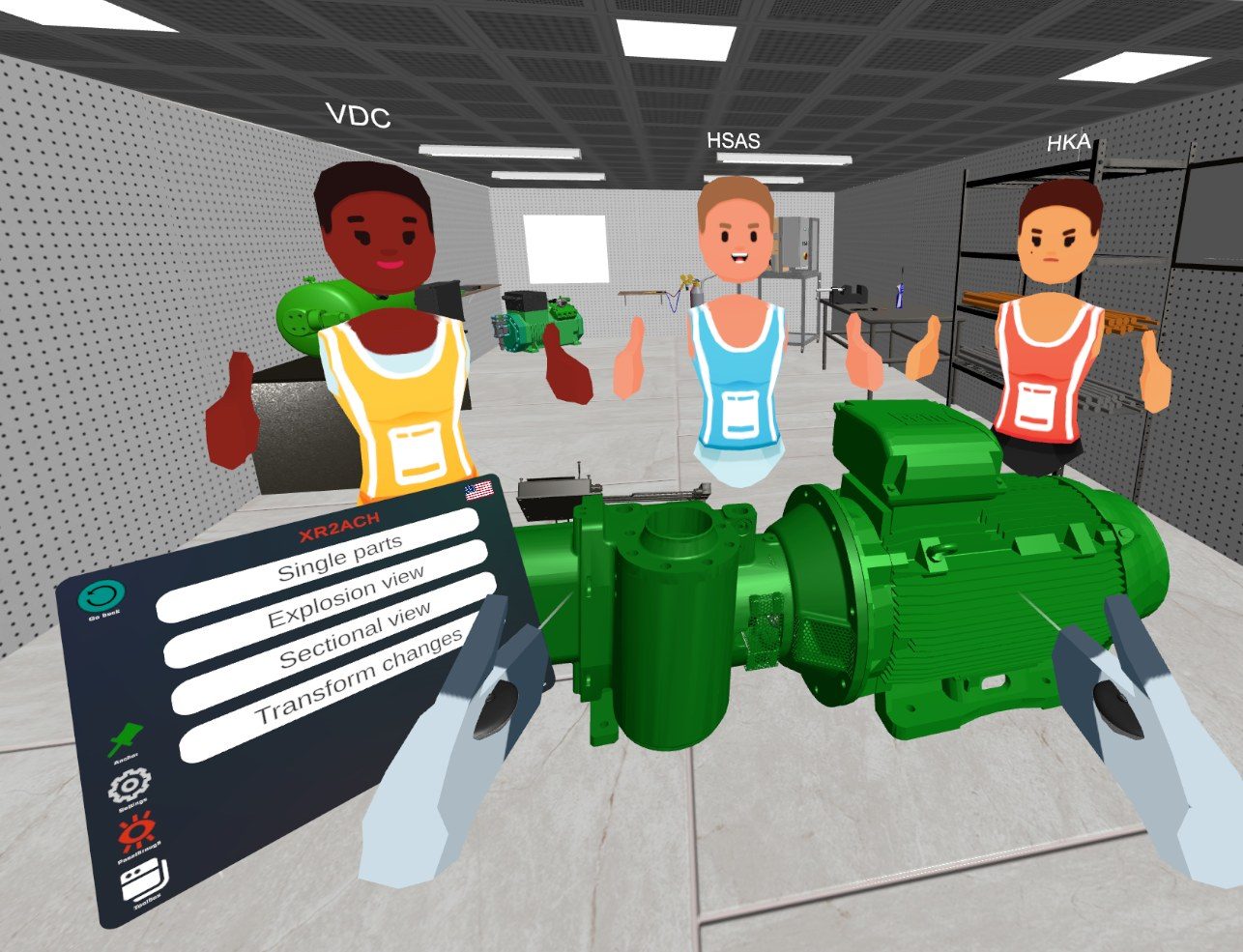 XR2ACH multi-user VR prototype with several avatars around a compressor